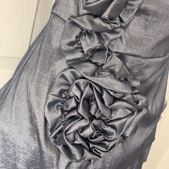 Mystic Sz Small Strapless Gun Metal Gray Metallic Flower Ruffled Mini Prom Dress - Picture 4 of 11